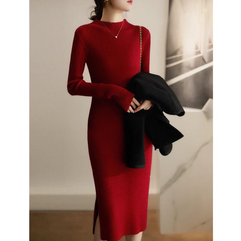 

Women s Semi-High Neck Knit Sweater Dress One Size