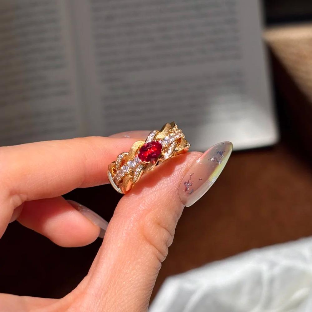 

Elegant Red Corundum Ring for Women with Diamond Accents Luxe Hollow Design Fashionable Statement Jewelry adjustable