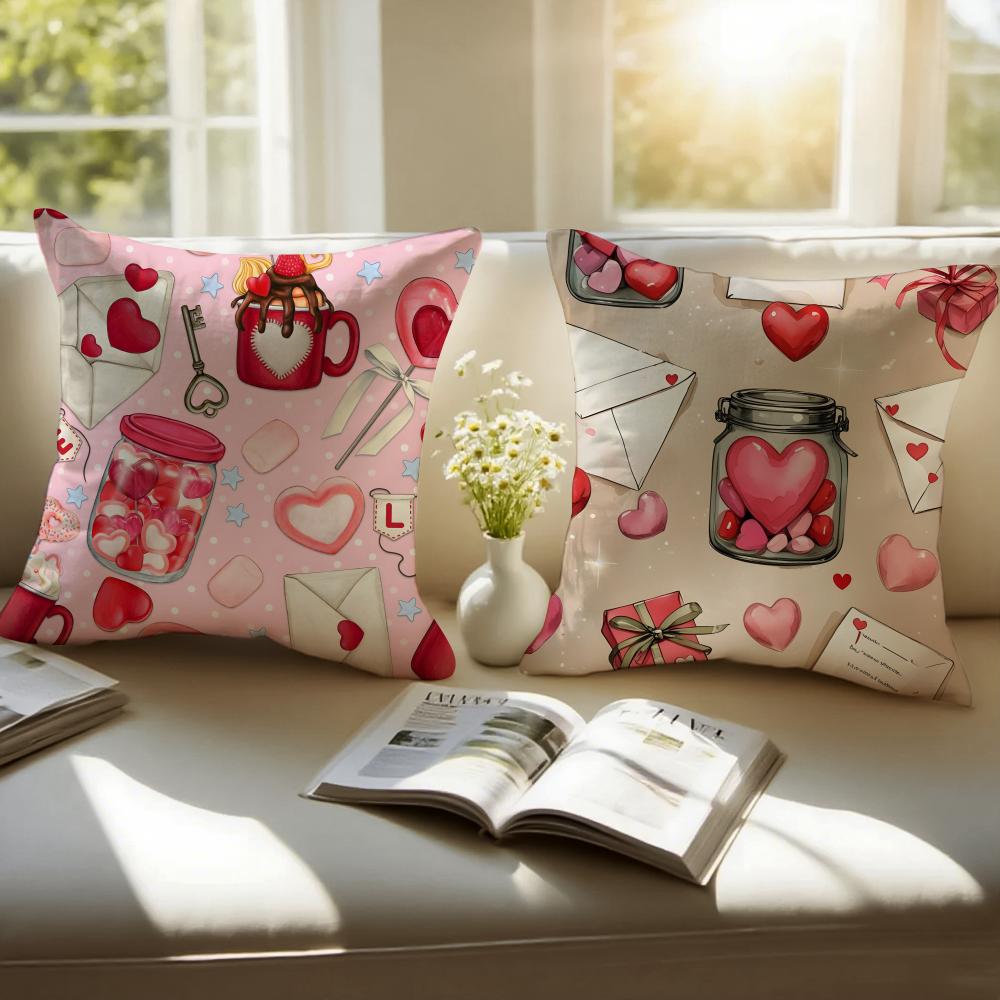 Handdrawn Style Heart Pattern Cushion Cover Pillowcase Antidustmite Invisible Zipper Short Plush Sofa Cushion