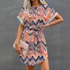 Womens Summer Short Dresses O Neck Casual Batwing-Short Sleeve Belted Dress For Women