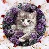 Cute Fluffy Grey Kitten with Purple Flowers Round Metal Sign D Flat Printed Floral Art Tin Plaque Whimsical Cat Lover Decor F