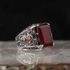 Vintage Handmade Signet Ring Men's Vintage Silver Carved Pattern Inlay Red Zircon Party Punk Biker Ring