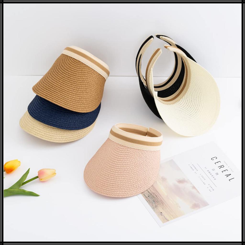 Straw Sun Visor Hat Stylish Long Brim Cap for Women CA553 [White Fang] (Black)