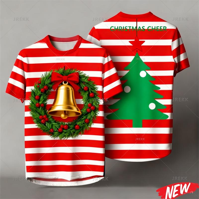 Red Stripes Cartoon Christmas Tshirt Men Women 3d Printing Merry Christmas Tee Shirts Tops 2026 New Year Short Sleeve T-shirt