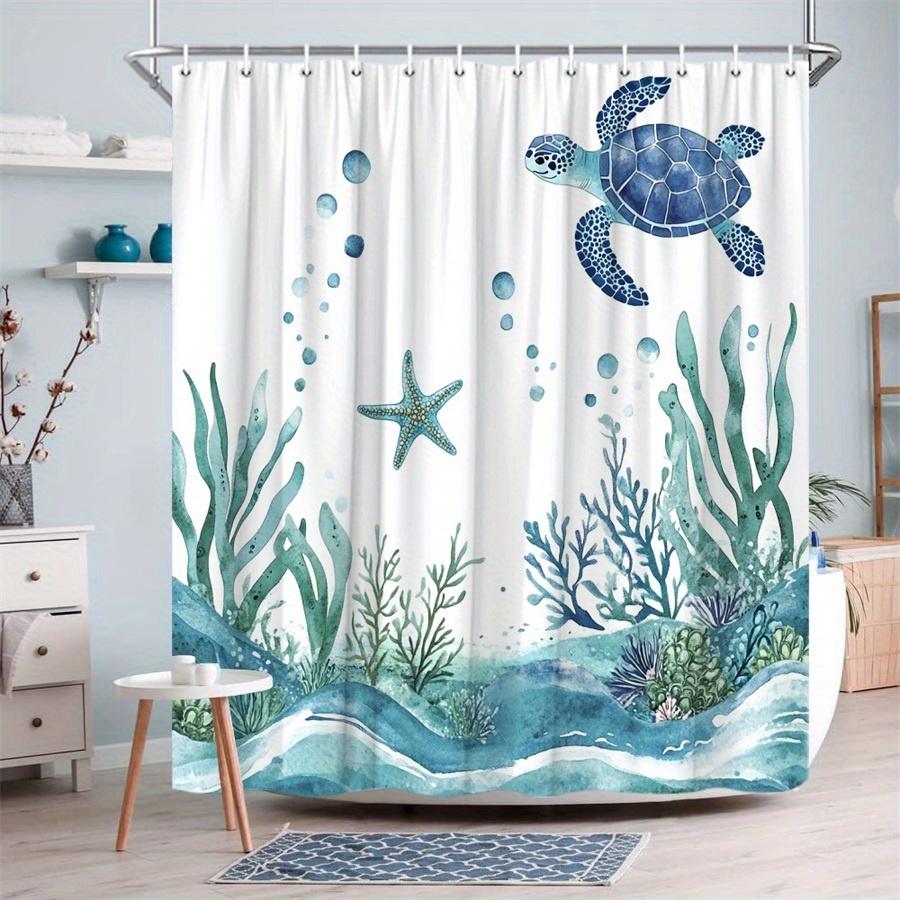 1Pc Watercolor Coral And Seaweed Turtle Pattern Shower Curtain, Machine Washable Polyester With 12 Hooks For Bathroom Decor