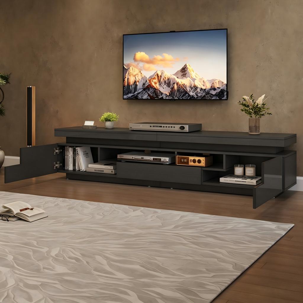 175*38*45cm Living Room TV Stand with 2 L-Shaped Cabinets and 1 Drawer, High-Gloss Cabinet with LED, Semi-Open Storage, Around 75 Inches, Black
