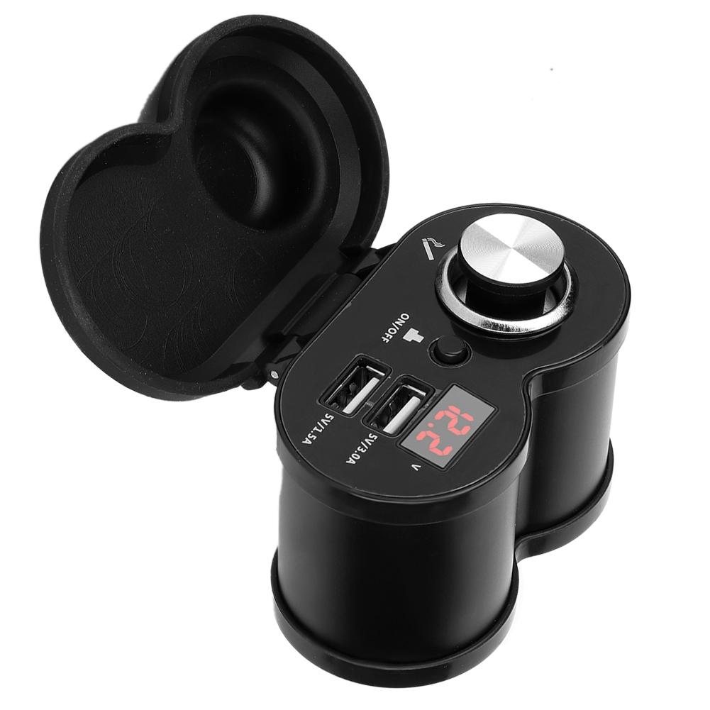 Motorcycle Dual USB MultiFunction Phone Charger with Voltmeter and Cigarette Lighter (Black)