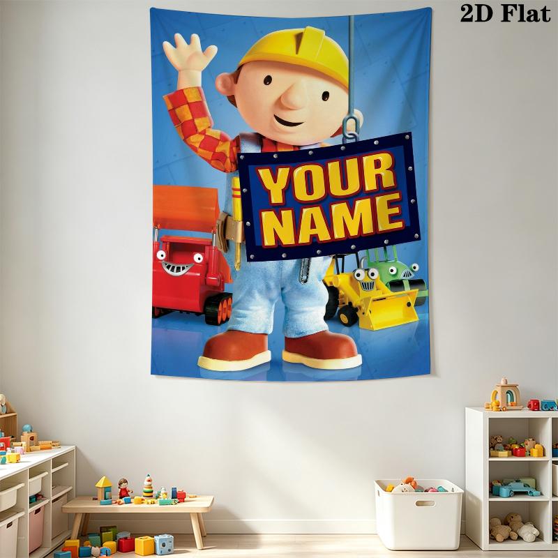 Custom Name Bob The Builder Wall Tapestry Aesthetic Wall Hanging Printed Fabric Blanket Decorative Tapestries for Bedroom Living Room Home Decor