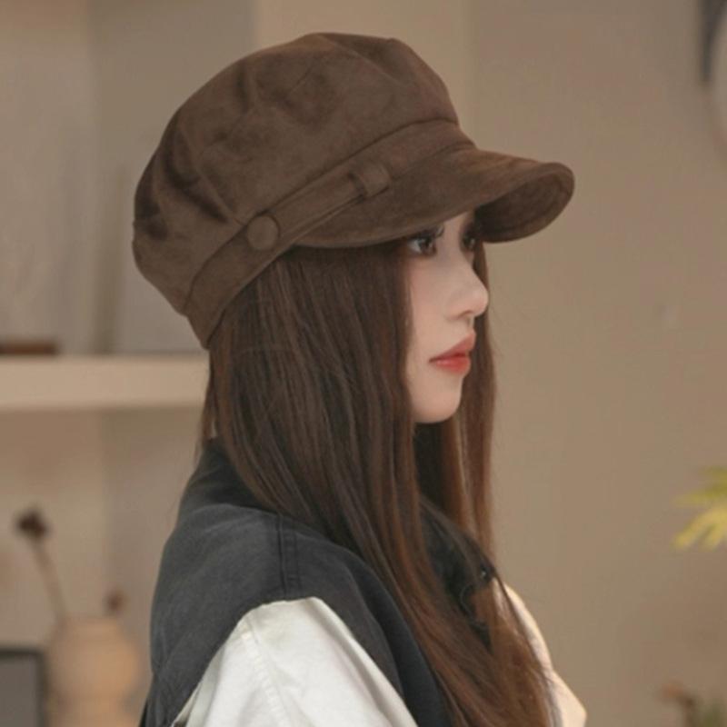 Spring and Autumn Suede Versatile Large Head Circumference Small Octagonal Hat Woman