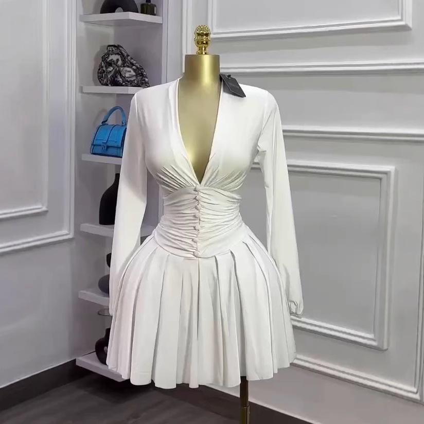 Women's French Style V-Neck Pleated Dress with Waist-Cinching Long Sleeves