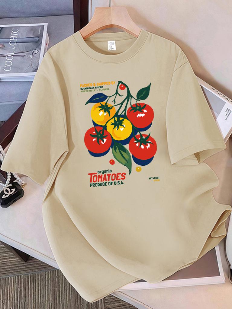 Summer Cotton T-Shirts Women Organic Tomatoes Produce Of Usa Prints Short Sleeve O-Neck Comfortable Loose Tops Casual Clothes