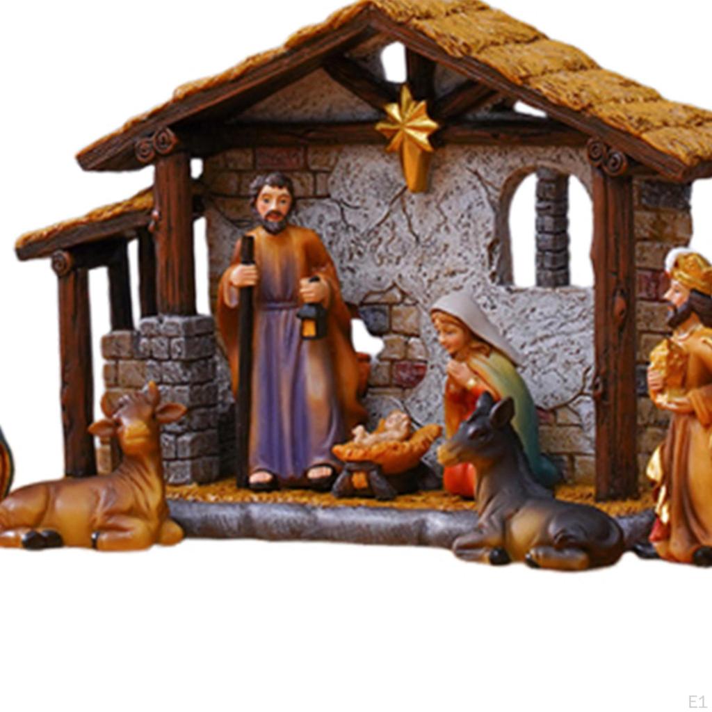 Resin Nativity Figurines Set Xmas Sculpture Holiday Season Decor Miniatures Family