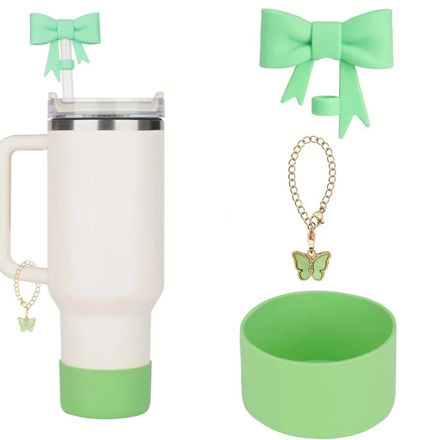 Bow Straw Cover for Stanley Cup Silicone Topper Pink Butterfly Chain Silicone Boot Pink Cup Accessories Set for 30/40 OZ Tumbler