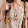 Retro Forest Ceramic & Colorful Beads Necklace with Dried Rose & Daisy Flowers - Artistic Long Collarbone Chain for Women