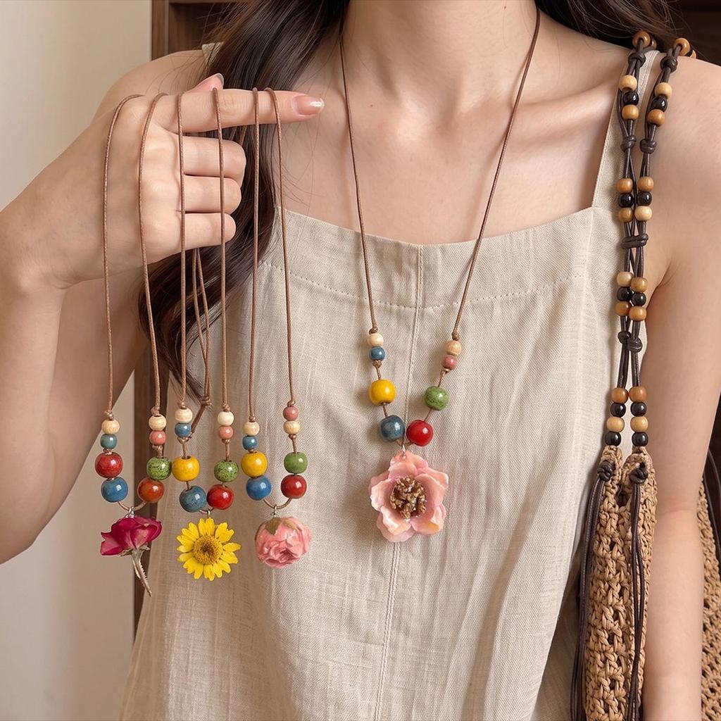Retro Forest Ceramic & Colorful Beads Necklace with Dried Rose & Daisy Flowers - Artistic Long Collarbone Chain for Women