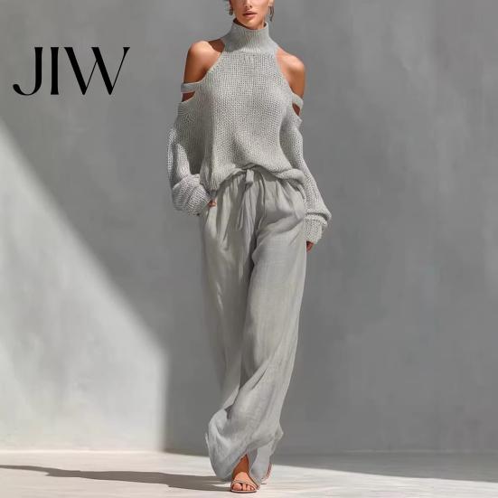 Relaxed Fit Clothing Autumn Women Sweater Pants Set, Cold Shoulder Knit & Wide Leg Ladies Daily Pants, Solid Color Long Sleeves Top Trousers Two Piece