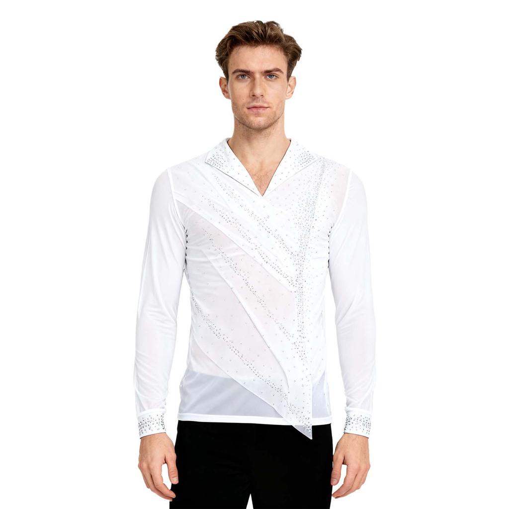 Top Patinaj Artistic Bărbați Plasă Transparentă Strasuri Sclipitoare Față Suprapunere Încrețită Rever Gât în V Mânecă Lungă Cămașă