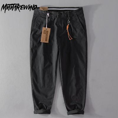 Spring/Autumn Men's Pants Casual Retro Style Cargo Pants Solid Color Cotton Straight Nine Points Pant Baggy Men Trousers