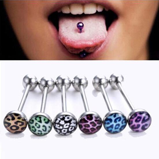 6Pcs Mixed Leopard Ball Barbell Bar Tongue Ring Stainless Steel Body Jewelry