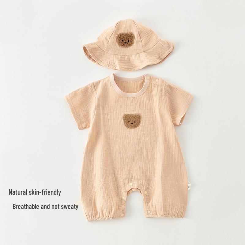 2025 Baby Strampler: Sommer Gaze Strampler mit kurzen Ärmeln und kleinem Bären - Atmungsaktive, dünne Oberbekleidung für Säuglinge und Kleinkinder.