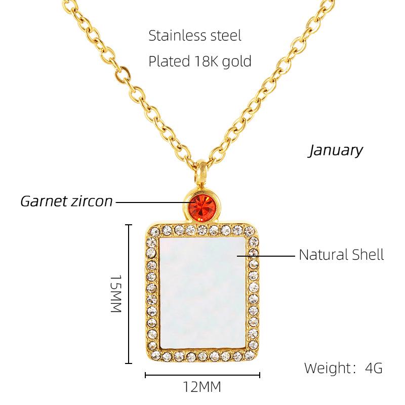 18K Titanium Steel Birthstone Pendant Necklace with Square Shell Design for Women