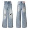 Mens Loose Straight Leg Jeans Distressed Washed Denim Pants Streetwear Punk Style Wide Trousers
