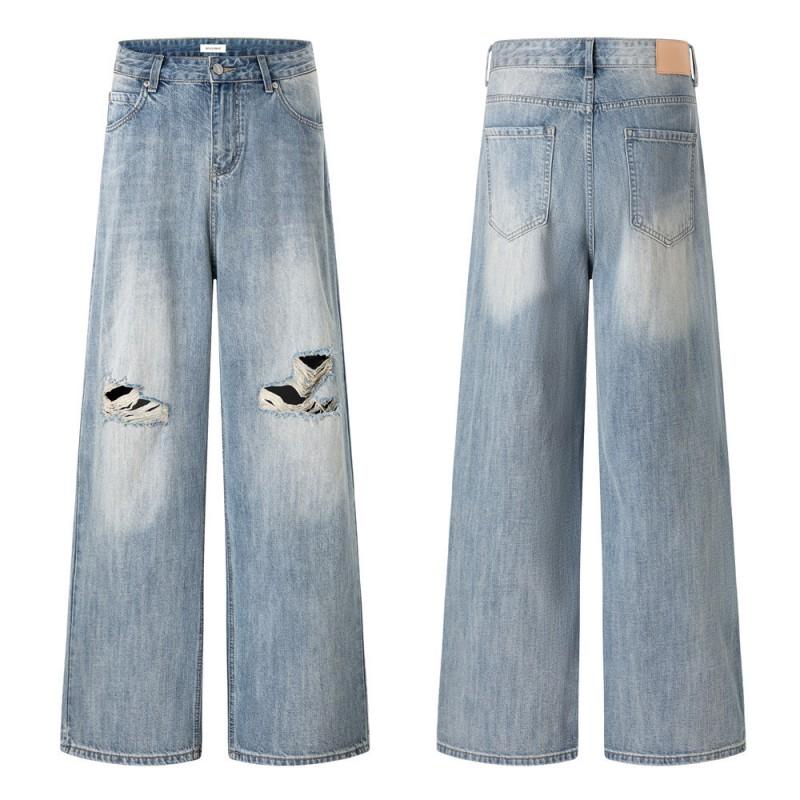 Mens Loose Straight Leg Jeans Distressed Washed Denim Pants Streetwear Punk Style Wide Trousers