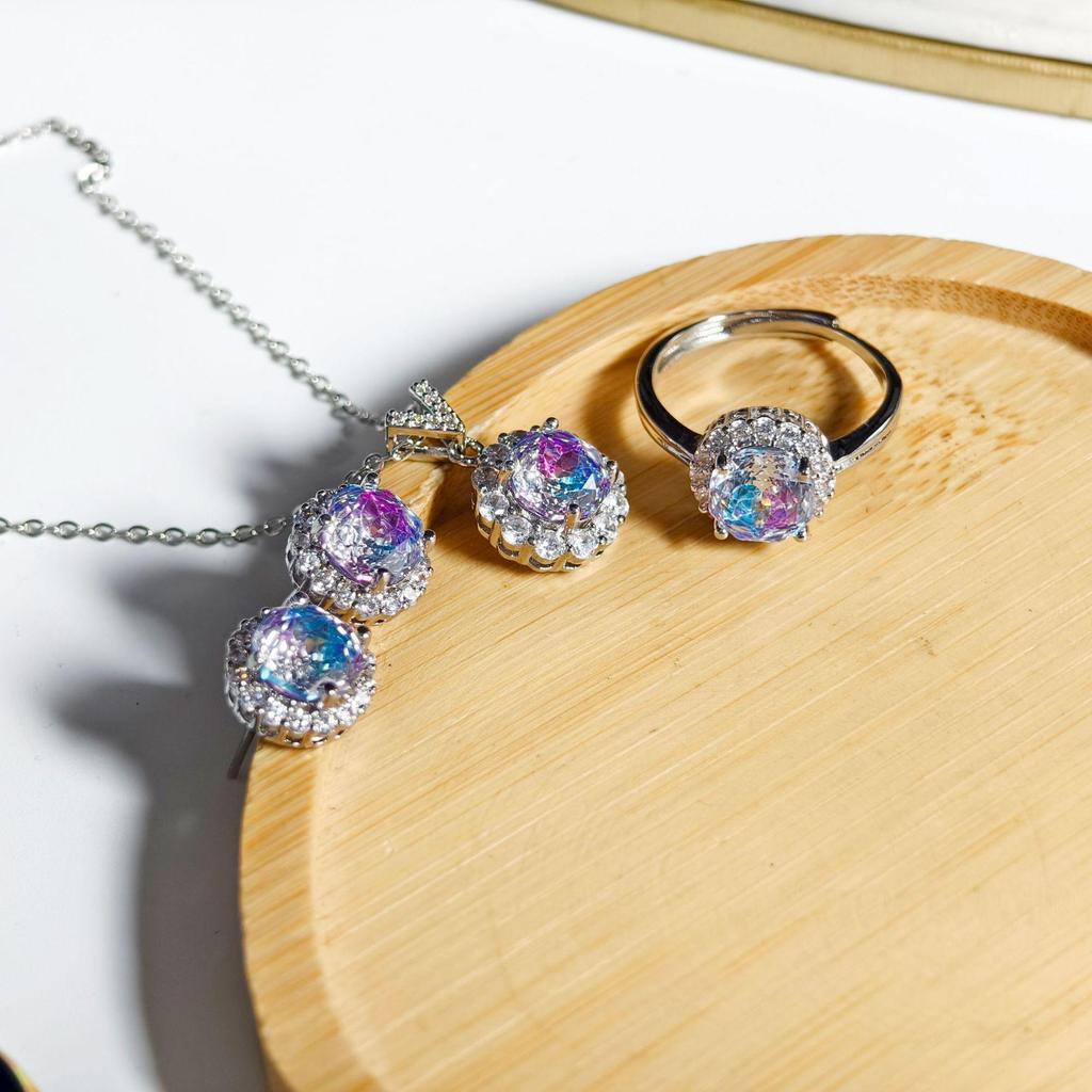 Gessen Jewelry Colorful Fairy Diamond Octagonal Ring, Earrings & Pendant Set for Women