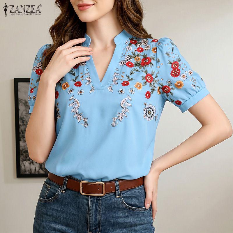 ZANZEA Women Casual V-neck Floral Print Short Sleeve Blouse