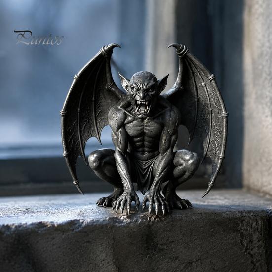 Halloween Gothic Decoration Gargoyle Figurine, Medieval Dark Winged Statue, Resin Retro Style Statue Horn Demon Ornament for Office Bookshelf