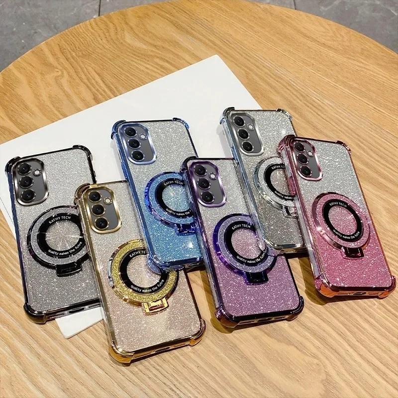 Suitable for Samsung S25Edge Mobile Phone Case Electroplated Magnetic Bracket S24Ultra Anti Fall Cover A55 Gradient Powder Soft