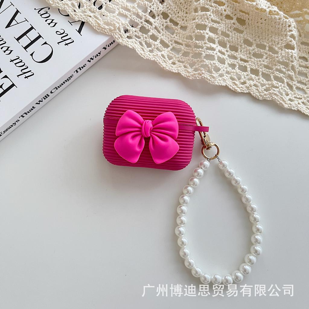 New Apple Earphone Case Horizontal Strip Silicone Bow + Hand Bead Rope AirPods Girl Bow Earphone Cover