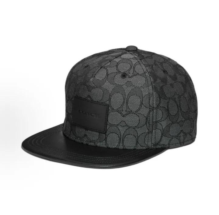 Coach Casquette de baseball Signature à bord plat, Impression Monogramme C Noir All-Over, Visière en Cuir Véritable, Calotte Rigide, Protection UV de Luxe, Casquette Street Skate