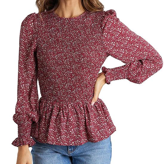 

Европейская и американская весна и осень рубашка с длинными рукавами и принтом на талии повседневный топ модная женская одежда M красный