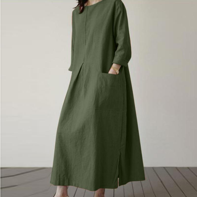 Maxi Abito da Donna in Cotone e Lino Manica Lunga Scollo Rotondo Vestibilità Ampia Tasche Grandi Spacco Laterale Casual Elegante Primavera Estate Vacanza Uso Quotidiano Abito da Sole