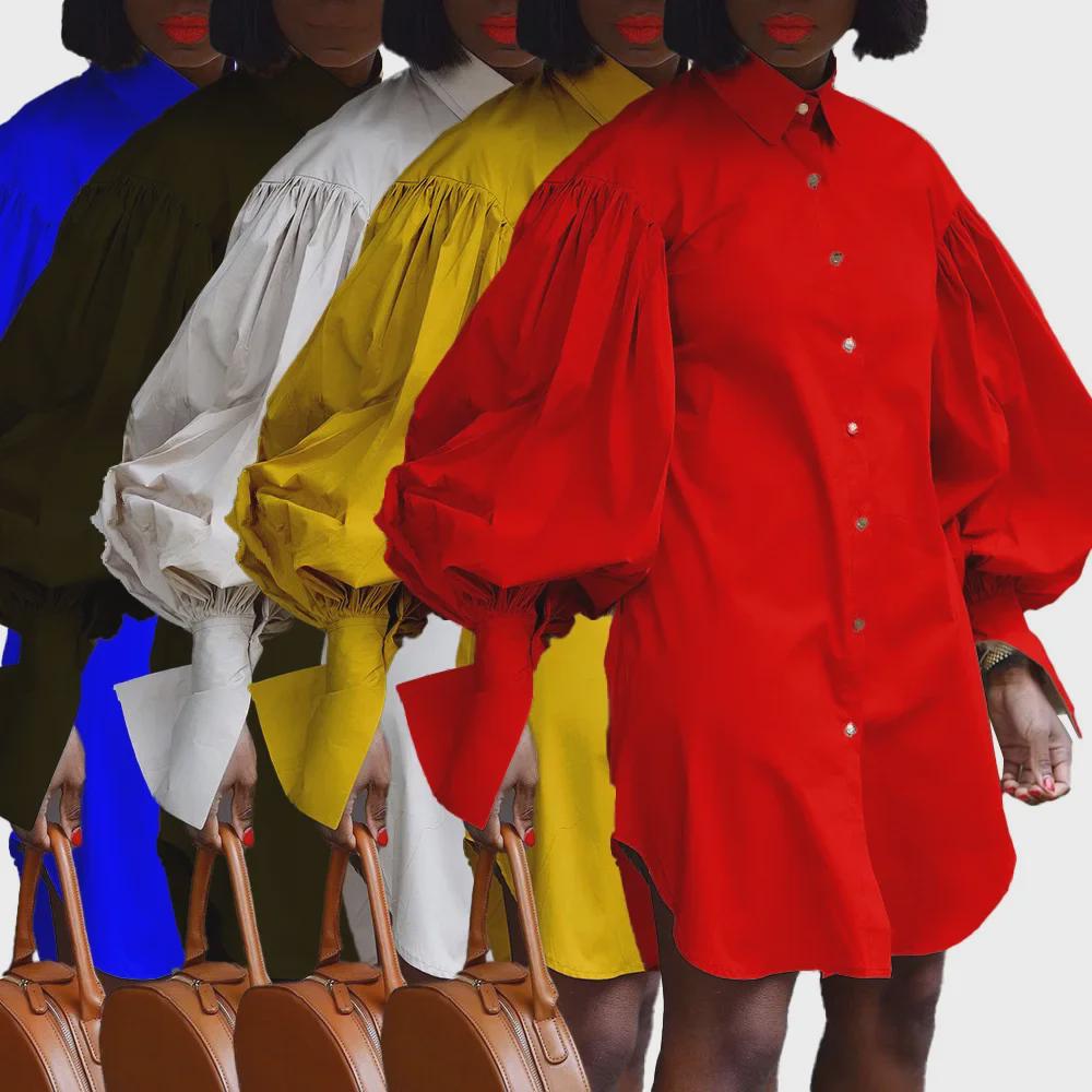 2021 Women's Solid Color Shirt Dress - European and American Fashion