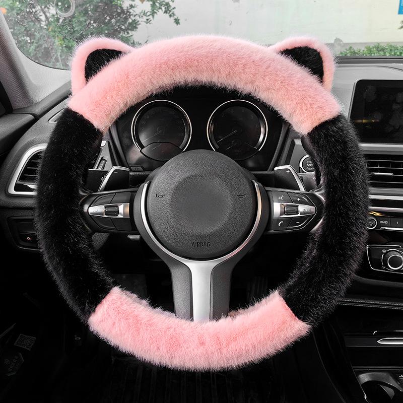 

Autumn and Winter Cute Cartoon Cat Ears Cold-proof, Warm and Non-slip Steering Wheel Handle Cover 36-39cm чёрный/розовый