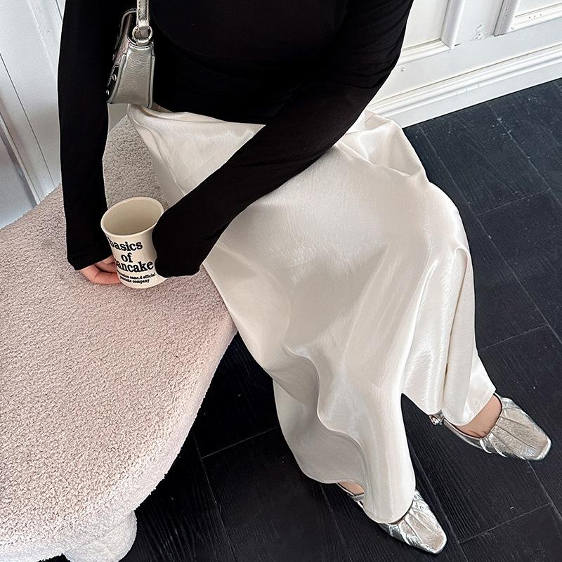 Saténová acetátová hedvábná sukně na léto Nová sukně s vysokým pasem, zeštíhlující, středně dlouhá, boková, rybí ocas, áčková, dlouhá sukně