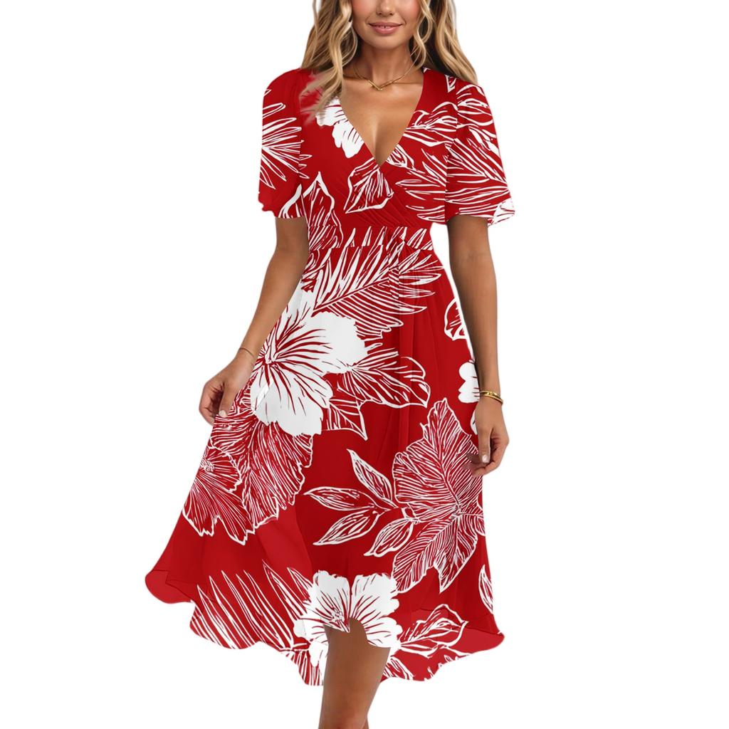 Women's Fashion Casual V Neck Short Sleeve Ruffled Vintage Printed Dresses