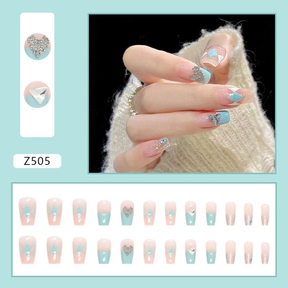 24pcs Manicure DIY Press On Nails Full Cover Crystal Butterfly Ballerina Fake Nails French Long