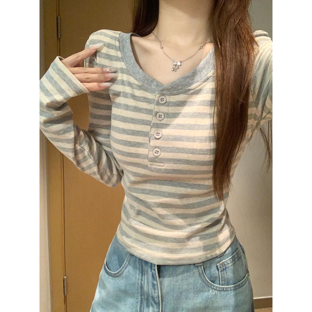 Button Front Shoulder Bottoming Shirt Women's Spring Stripes Contrasting Colors Slim Fit Sweet and Spicy Style Long-sleeved T-shirt with Top Tide