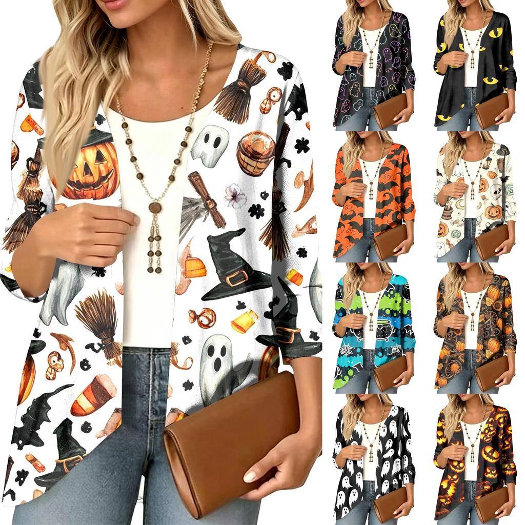 Women's Casual Loose Fit 3/4 Sleeve Lightweight Cardigan with Halloween Print for