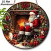 2D Flat Aluminium Merry Christmas Sign with Santa Claus & Fireplace Pattern - Warm Winter Figurine Ornaments - Ideal for Front Door, Wall, Porch