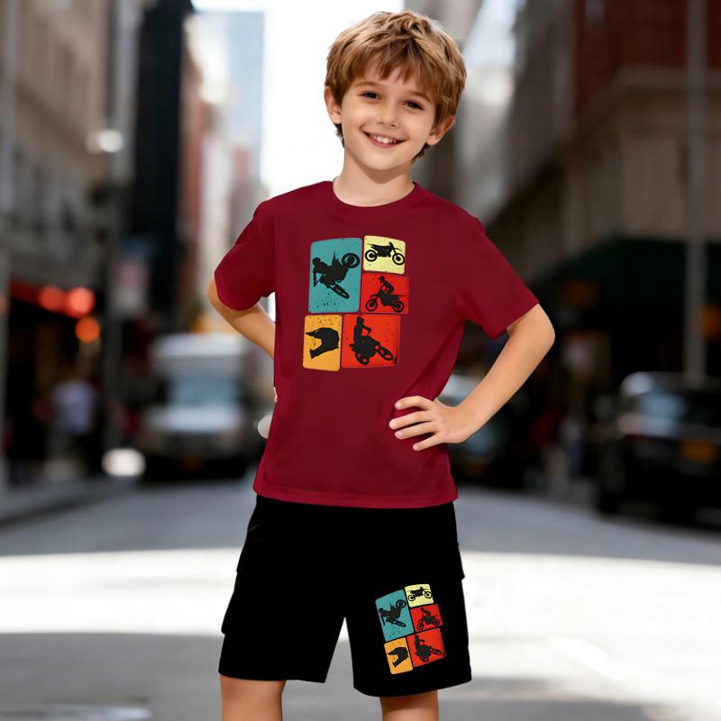 Boys 2 Piece Extreme Off-road Pattern Print Outfit, Short Sleeve T-Shirt and Shorts Set for Kids Age 5-14,Black and White Sporty Casual Summer Clothes