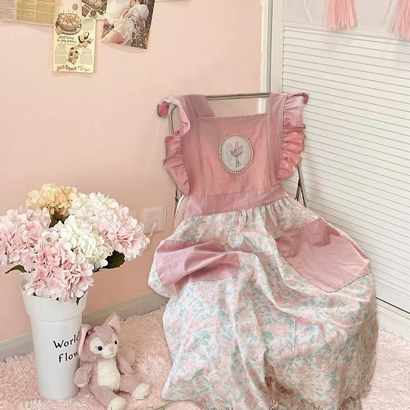 1pcs Cute Floral Cotton Apron for Home Kitchen Stain Resistant Cafe Uniform & Housewear with Adjustable Apron