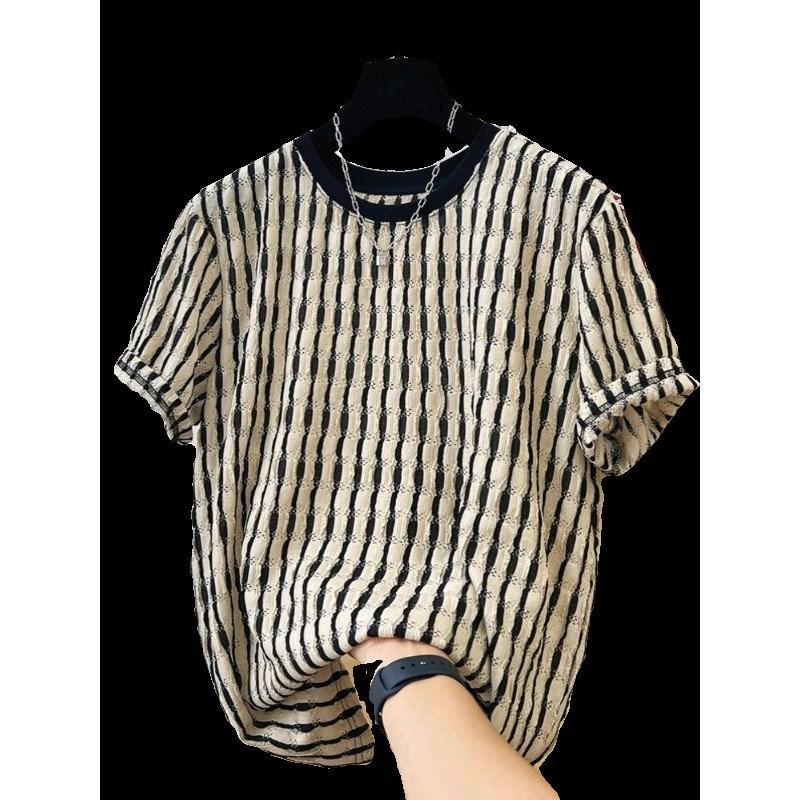 Texture Design Casual Short-Sleeved T-Shirt Men'S And Women'S Lazy Style Loose Temperament Top Trendy Striped T-Shirt