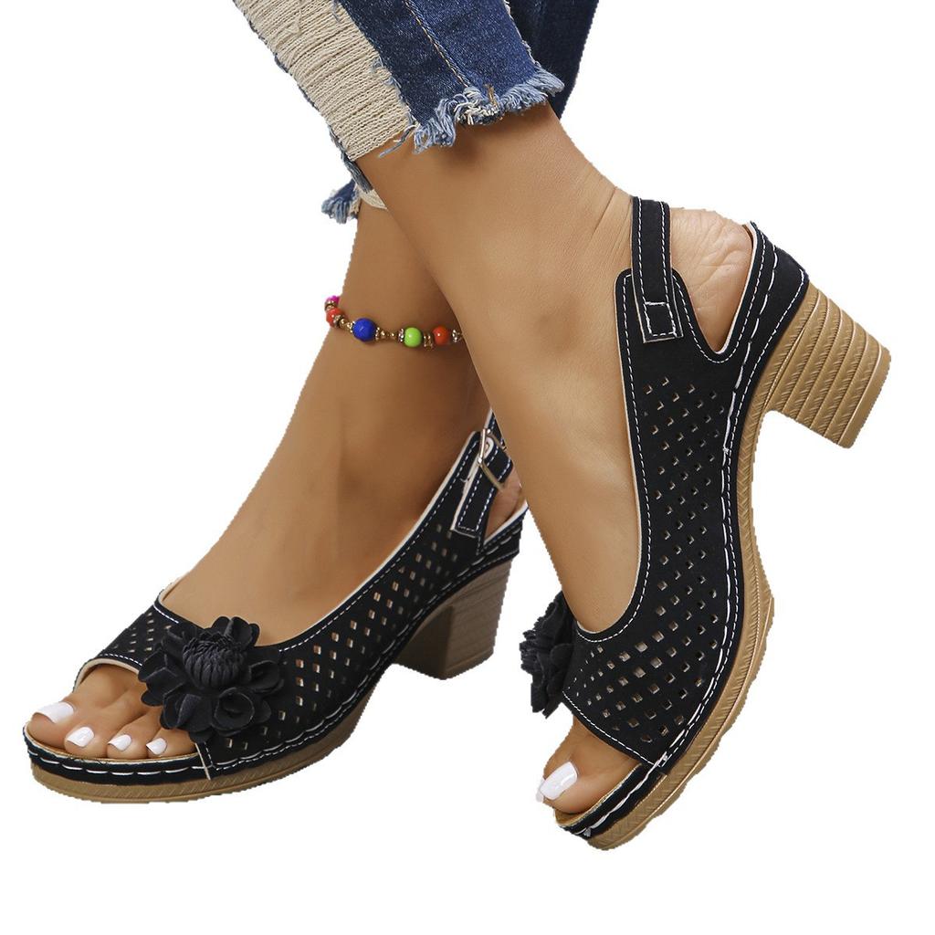 Large Size Flower High-heeled Sandals Women's 25 New European and American Fashion Casual Buckle with Solid Color Roman Sandals