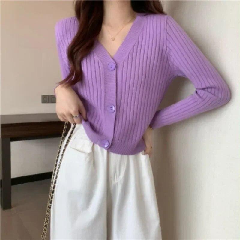 Autunno Csual Maglione cardigan lavorato a maglia con scollo a V Donna Inverno Moda Crop Maglioni Giacca manica lunga Cardigan casual Top 29761