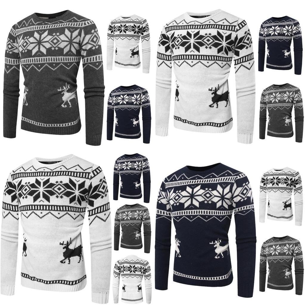 Gemütlicher und weicher Herren-O-Ausschnitt-Pullover mit festlichem Hirsch-Druckdesign für Weihnachtsfeiern
