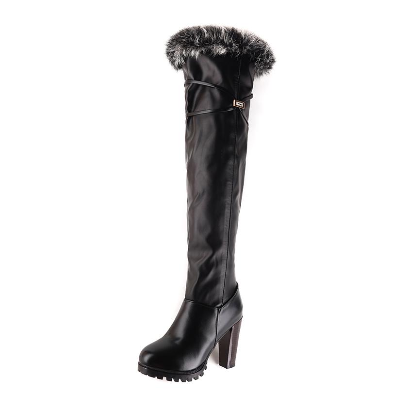 

2025 Большой размер Фланцевые Меховые Лоскутные ПУ Круглый носок Толстый каблук Зимние Длинные Сапоги Боковая молния Тепло Внутри Сапоги выше колена 43 чёрный